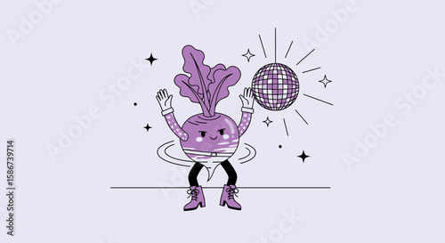 Cartoon Beetroot Character Enjoying Disco Party With Disco Ball And Sparkles