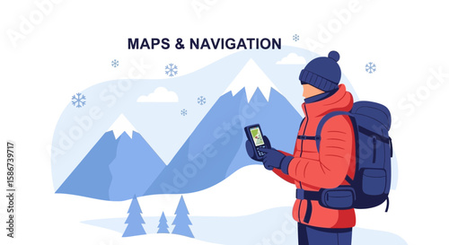 Digital Navigation In Winter Landscape Outdoor Adventure With Mobile Application