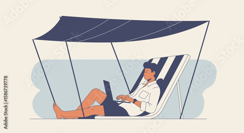 Digital Nomad Working Remotely On Beach During Vacation Relaxing On Deckchair