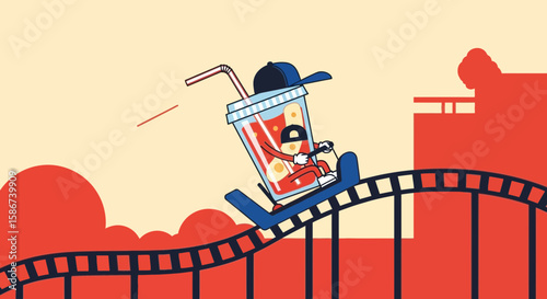 Cartoon Beverage Character Riding Roller Coaster During Summer Vacation Fun