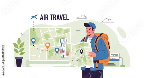 Air Travel Adventure Man Planning Trip Using Map And Tickets For Holiday