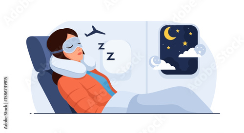 Comfortable Woman Sleeping On Airplane During Night Flight With Neck Pillow
