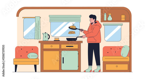 Comfortable Morning Inside A Mobile Home Preparing Pancakes With An Orange Sweater