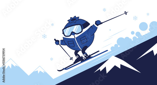 Cartoon Blueberry Character Skiing Downhill In Winter Landscape Illustration Scene