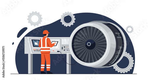 Aircraft Engineer Inspecting Turbine Engine Using Digital Interface System