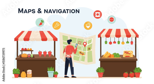 Finding Local Street Food Vendors Illustration Using A Mobile App And Map