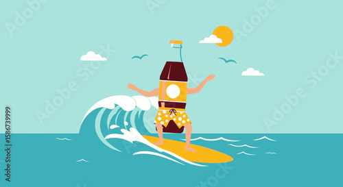 Cartoon Bottle Surfing on Ocean Waves Under Bright Sun Summer Fun