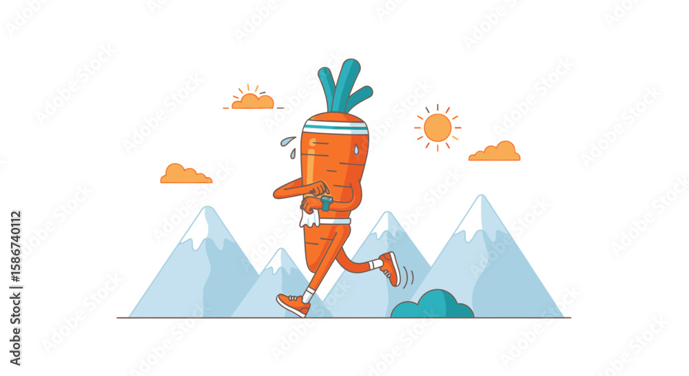 Fototapeta premium Cartoon Carrot Athlete Running Through Mountain Landscape For Healthy Lifestyle
