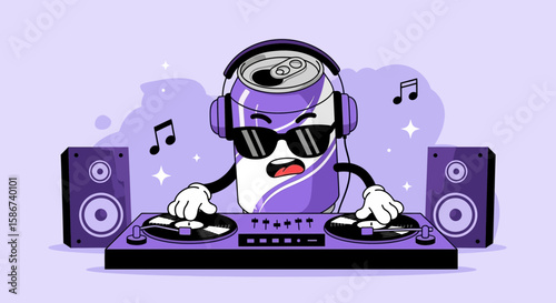 Cartoon Can Dj Mixing Music On Turntables Entertainment Beverage Illustration