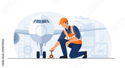 Aircraft Maintenance Technician Working on Airplane Gears in the Hangar