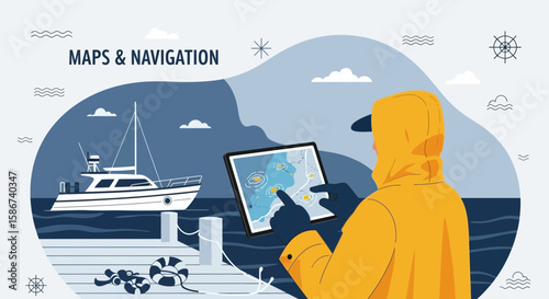 Fisherman Using A Digital Nautical Chart For Safe Marine Navigation Planning