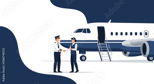 Airline Teamwork Pilot And Stewardess Shake Hands In Front Of Airplane