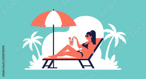 Flat Vector Illustration Of Woman Relaxing With Cold Drink In Tropical Beach