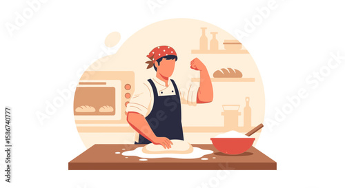 Confident Male Baker Preparing Dough On Table In Kitchen Interior Illustration