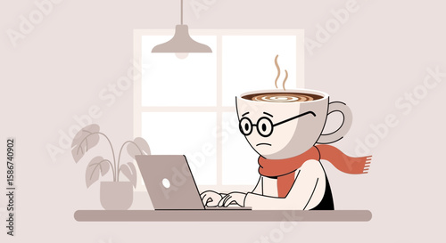 Cartoon Character With Cup Head Working From Home On Laptop Illustration
