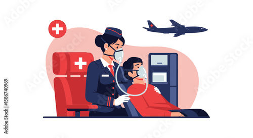 Flight Attendant Providing Oxygen Assistance To Passenger On Airplane