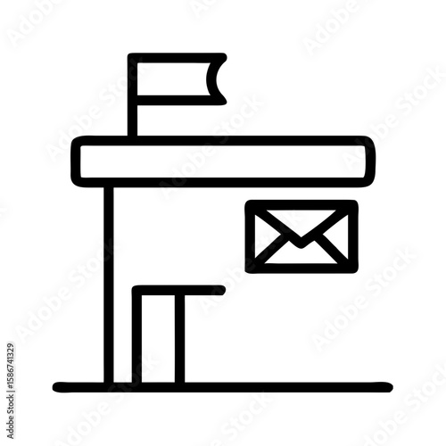Postal office building with flag and envelope icon illustration  