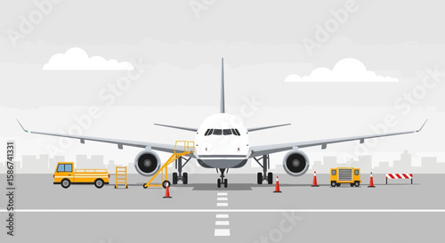 Airplane Maintenance And Ground Support At An Airport On A Cloudy Day