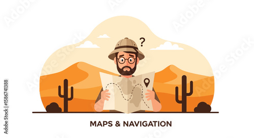 Confused Traveler Navigating Desert Using Paper Map Outdoor Adventure