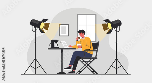 Focused Man Enjoying Coffee Break While Reviewing Documents Under Studio Lighting