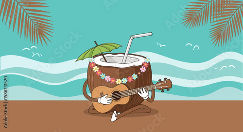 Cartoon Coconut Relaxing On Beach Plays Ukulele And Enjoys Refreshing Drink