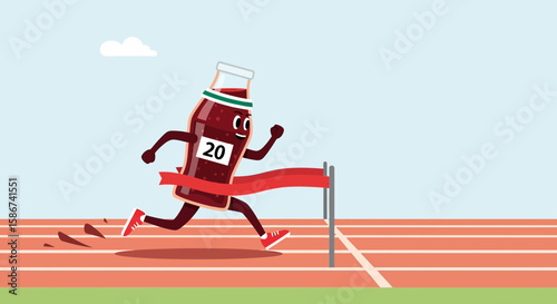 Drink Bottle Mascot Crossing The Finish Line During a Marathon Race