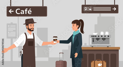 Airport Cafe Setting With Coffee Barista Serving Businesswoman Before Her Travel