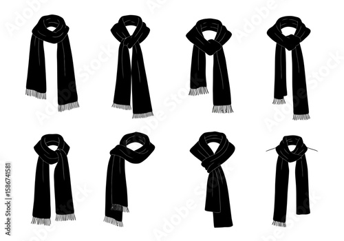 Collection of diverse and stylish ways to wear and tie a classic black scarf demonstrating versatility and fashion possibilities for any outfit
