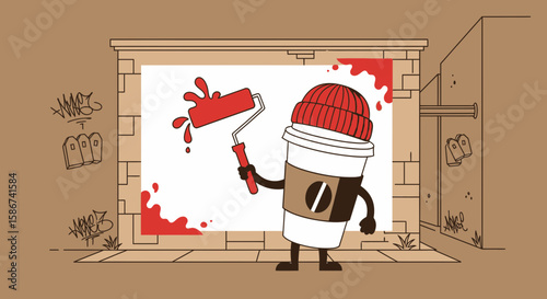 Cartoon Coffee Cup Character Painting A Wall With Red Paint In An Urban Alley