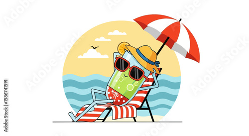 Drink Cartoon Relaxing On Beach In Summer Holidays Illustration Vector