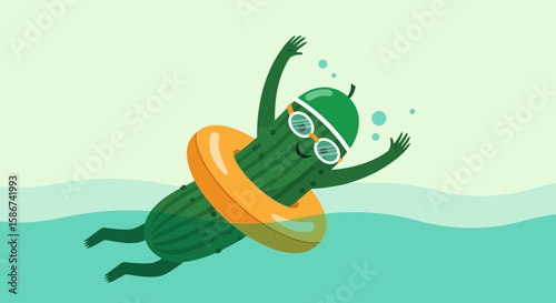 Cartoon Cucumber Enjoying Summer Vacation With Inflatable Ring In The Pool