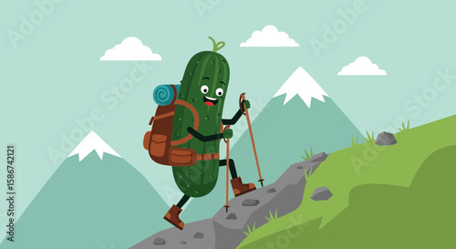 Cartoon Cucumber Character Enjoying Mountain Hiking Adventure With Backpack And Trekking Poles