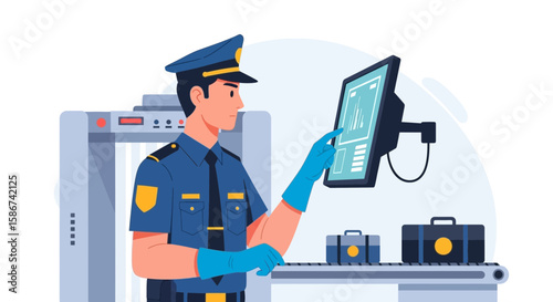 Airport Security Officer Inspecting Luggage With X Ray Screening Machine