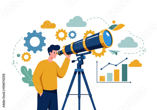 Man using a telescope to observe the distant future and analyze growth charts symbolizing business success and strategic planning