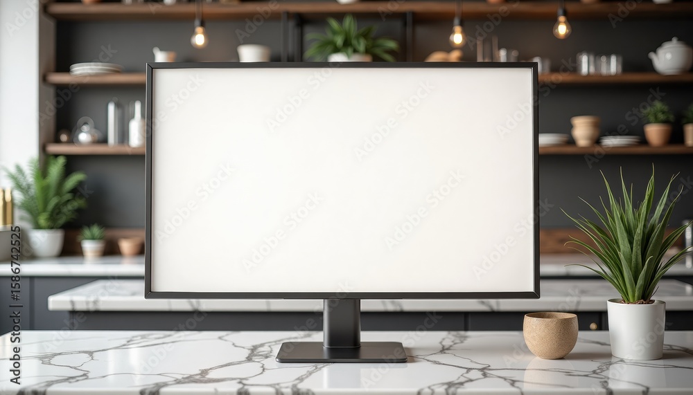 Fototapeta premium Minimalist workspace with blank monitor on marble countertop 