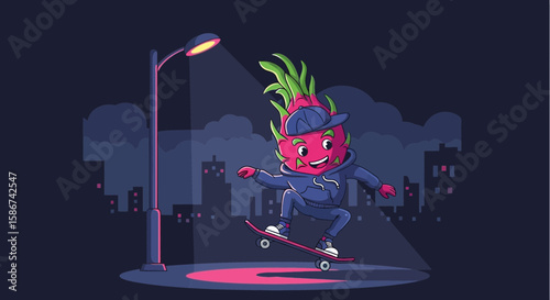 Cartoon Dragon Fruit Enjoying Skateboarding In The City At Night Illustration