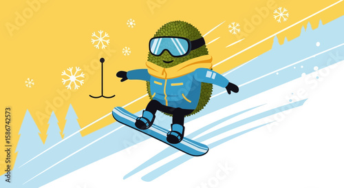 Durian Character Snowboarding Downhill In Winter Sport Season Holiday Time