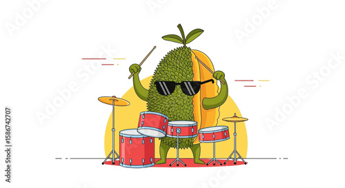 Durian Drummer With Sunglasses Rocking Out Funny Cartoon Illustration