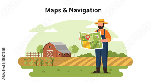 Cartoon Farmer Navigating His Land Using a Map Near Barns and Crops