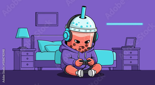 Angry Bubble Tea Character Playing Video Games At Home On Purple Theme Background