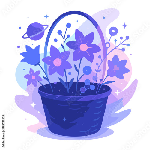Fantasy Flower Basket with Cosmic Elements — Vector Illustration