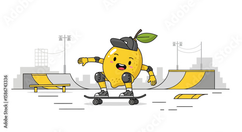 Cartoon Lemon Character Skating In The Skate Park Illustration Graphic Design