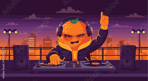 Cool Orange Dj Plays Music At Night With City View In The Background
