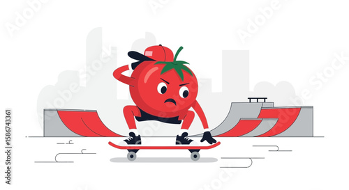 Angry Tomato Skateboarder Character Ready To Make Jump In Skate Park Concept