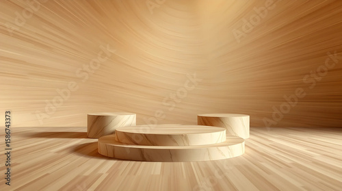 Wooden Product Display Minimalist Style Showcase Round Stage Wood Textured Surface Studio Background