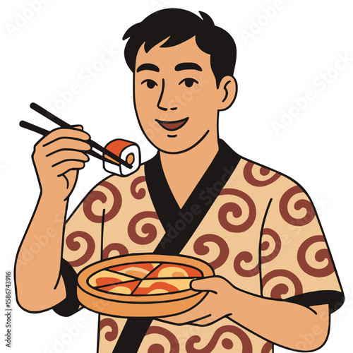 Man Eating Sushi with Chopsticks in Traditional Japanese Clothes — Vector Illustration