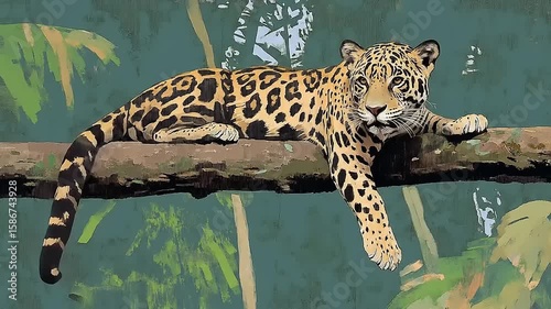 Jaguar Lounging on Tree Branch in Tropical Jungle Artistic Illustration