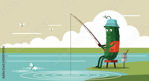 Cartoon Pickle Enjoying a Relaxing Day of Fishing By the Lake
