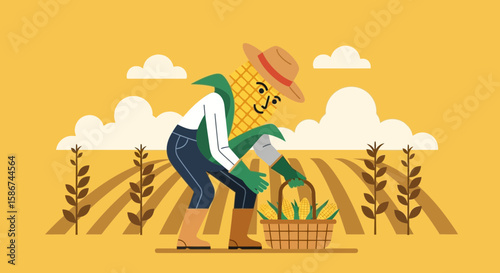 Corn Character Harvesting Corn in a Field with Clouds and Plants Illustration