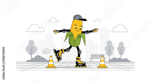 Corn Character On Roller Skates Enjoying Outdoor Recreation In City Park